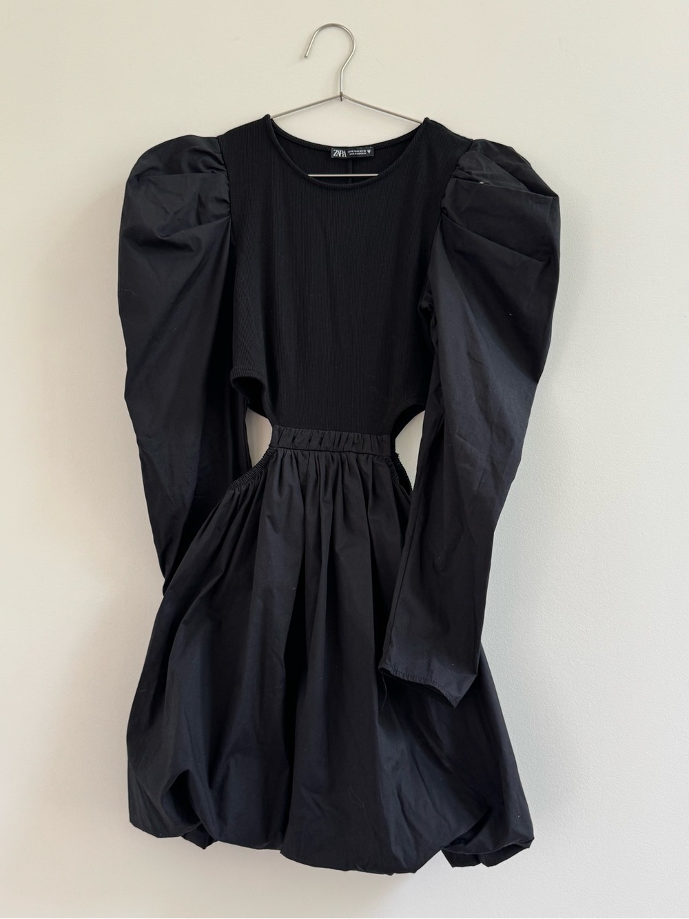 Zara Black Puff Sleeve Cutout Waist Mini Dress